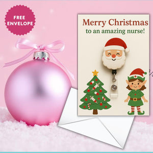 Christmas Greeting Card for Nurse – Santa, Nurse Elf & Medical Tree Design, A5 Funny Holiday Card, Merry Christmas to an Amazing Nurse