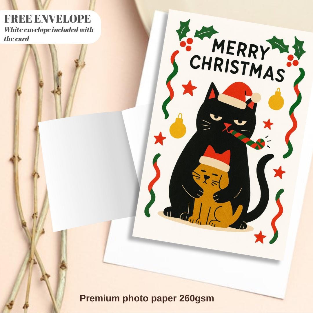 Funny Cat dog Christmas Card - dog Christmas Cat - Funny Xmas Cards For Cat Lovers - Cat cuddle dog ornaments, cat mums Funny postcard