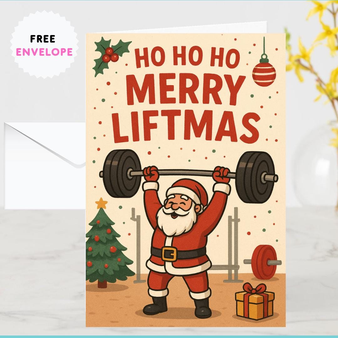 Santa Merry Liftmas Gym Card – Funny Fitness Christmas Santa Card for Him, Bodybuilder Holiday Card, Protein Lover Gift, Workout Greeting