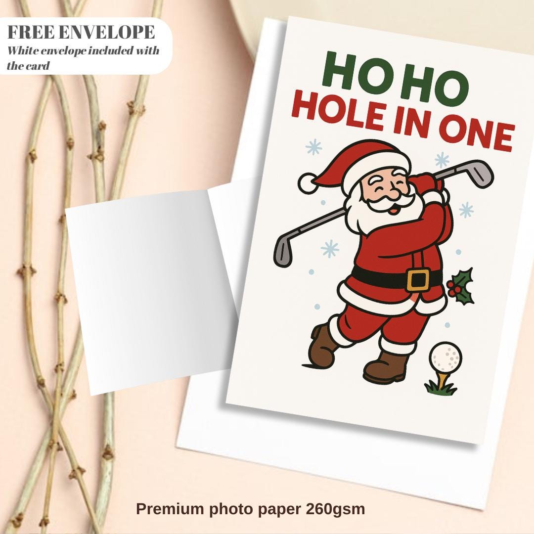 Funny Golf Christmas Card – “Ho Ho Hole in One” Santa Golf Swing Card | Merry Golfmas Gift for Golfers & Golf Dads
