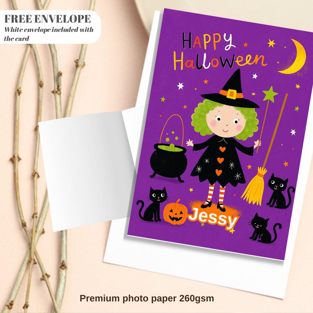 Personalised Halloween Card - Little Witch - Cheeky Gift For Cat Lovers - For Sister Brother Friends