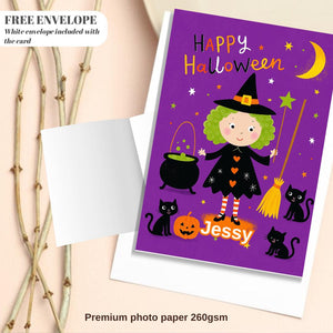 Personalised Halloween Card - Little Witch - Cheeky Gift For Cat Lovers - For Sister Brother Friends