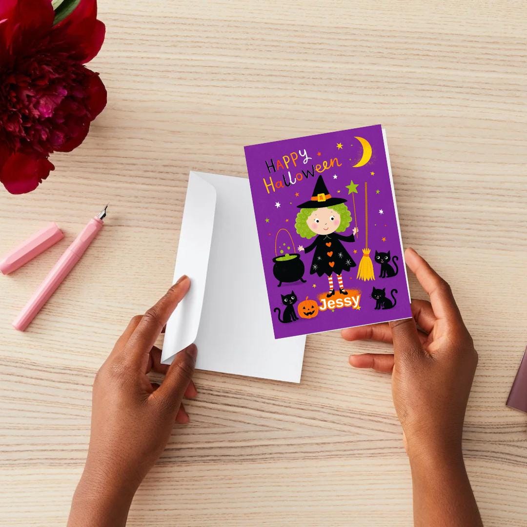 Personalised Halloween Card - Little Witch - Cheeky Gift For Cat Lovers - For Sister Brother Friends