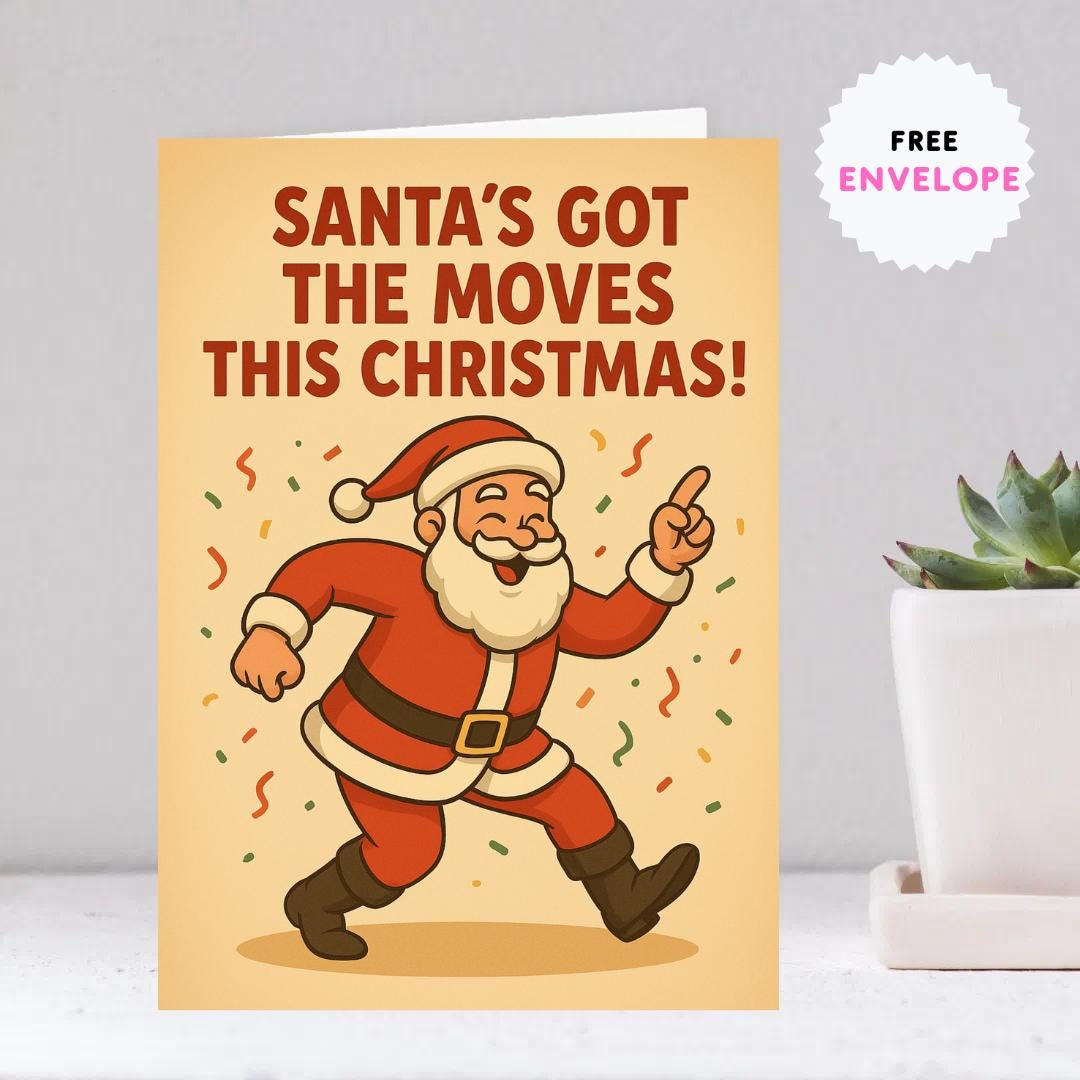 Funny Dancing Santa Christmas Card – Retro A5 Holiday Greeting Card with Envelope, Cute Santa Xmas Card, Festive Gift for Friends