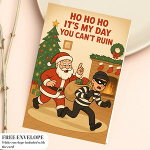 Funny Christmas Santa Card – Santa catches thief with Christmas gifts, funny Santa and thief greeting card