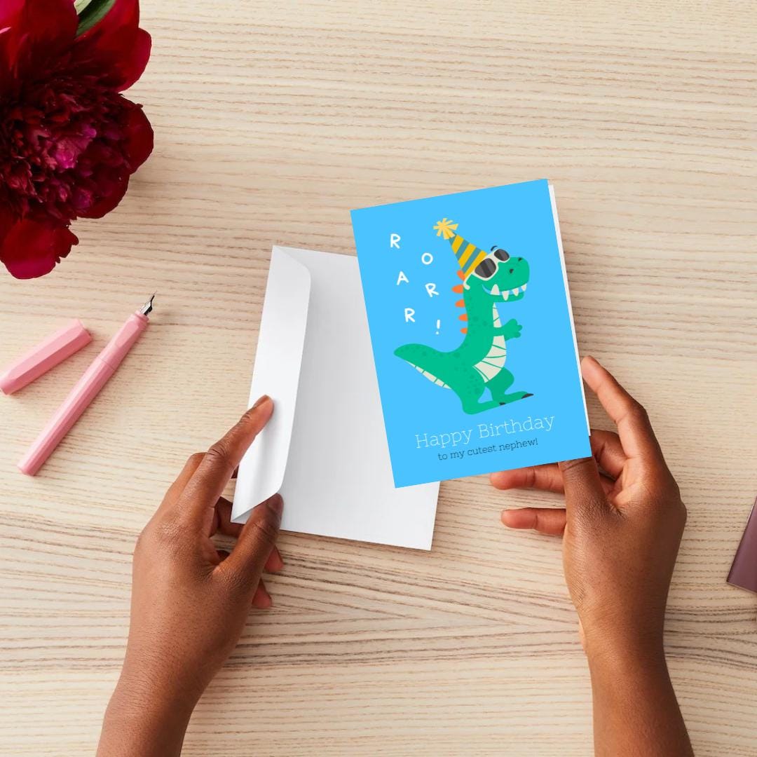 Dinosaur ROAR Birthday Card with Envelope Greeting Happy Birthday For NEPHEW, som, friend a5 birthday card with envelope