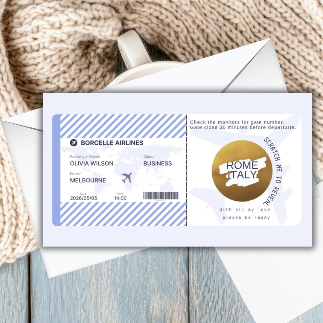 Custom  Boarding Pass Holiday Scratch Card – Personalised Plane Ticket Birthday Surprise Unique Gift for Travel Lovers or Honey Moon