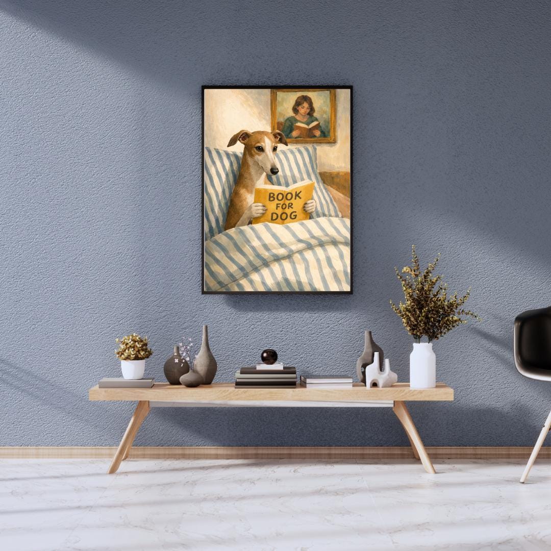 Greyhound Reading Print – Dog Wall Art, Cozy Bedroom Poster, Book Lover Dog Illustration