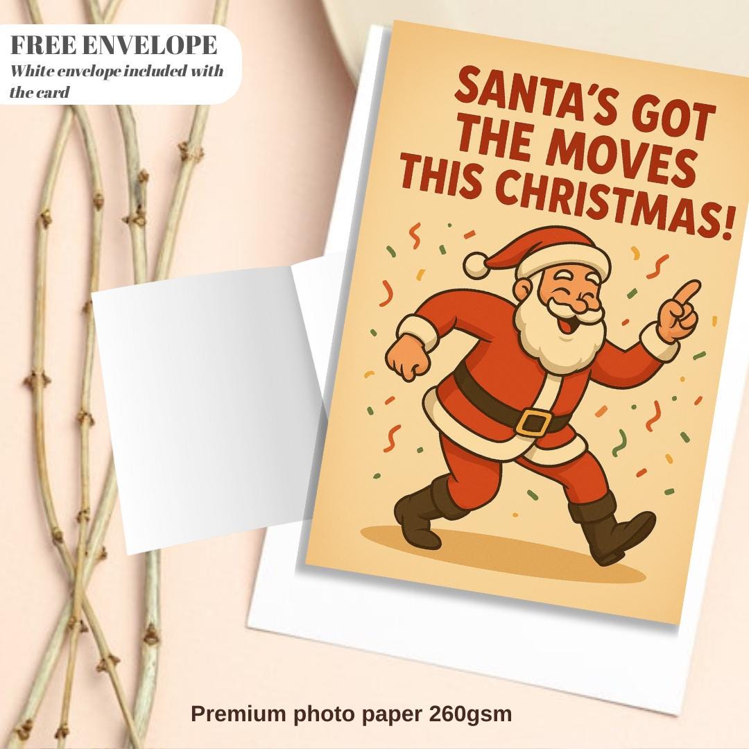 Funny Dancing Santa Christmas Card – Retro A5 Holiday Greeting Card with Envelope, Cute Santa Xmas Card, Festive Gift for Friends