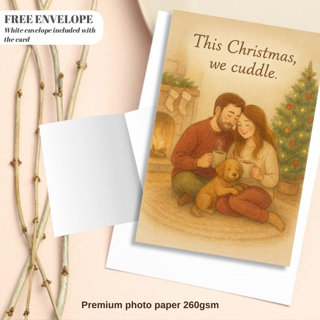 Cozy Couple Christmas Card with Dog – “This Christmas, We Cuddle” | Warm Fireplace Holiday Illustration for Couples & Pet Lovers