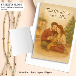 Cozy Couple Christmas Card with Dog – “This Christmas, We Cuddle” | Warm Fireplace Holiday Illustration for Couples & Pet Lovers