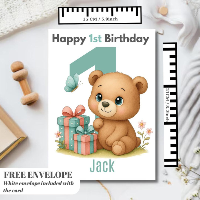 Teddy Bear 1st Birthday Card | Personalised Baby Boy Greeting Card | Custom Number Card for your nephew from grandpa, uncle or loved one