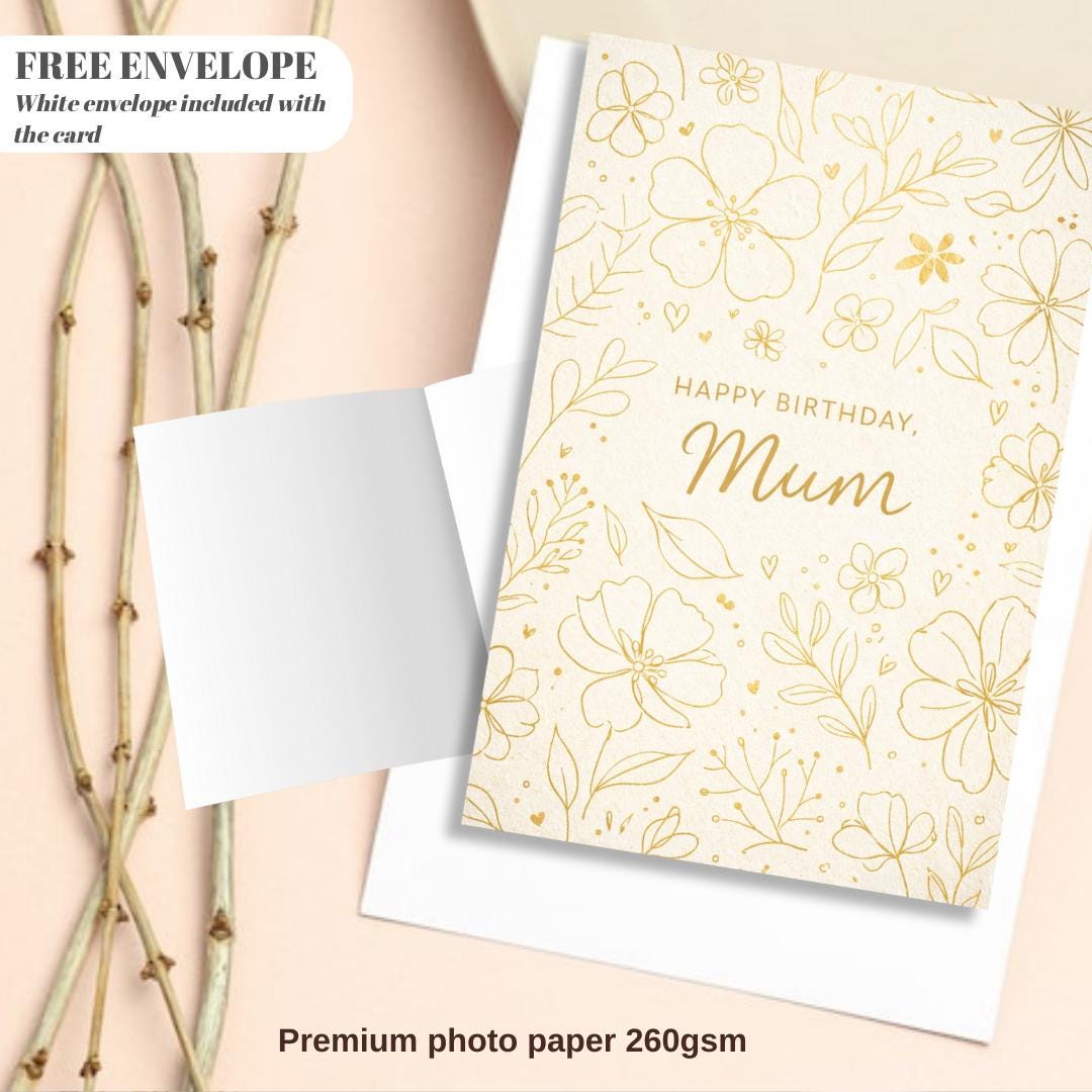 Mum Birthday Card – Elegant Floral Birthday Card for Mum, Minimal Gold Design, Classy Birthday Card for Mother
