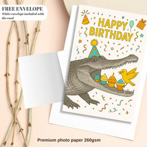 Crocodile Cake Birthday card animal birthday card wildlife art card hand drawn animal art cute Crocodile Cake bird eat cake card