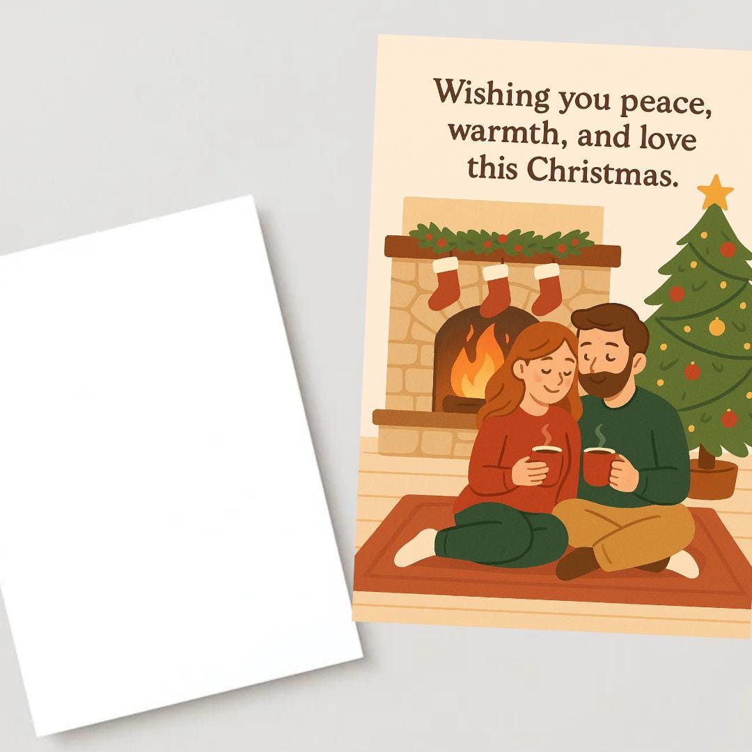 Cozy Christmas Couple Card – Wishing You Peace, Warmth & Love | Romantic Holiday Fireplace Scene | Warm Family Christmas Card
