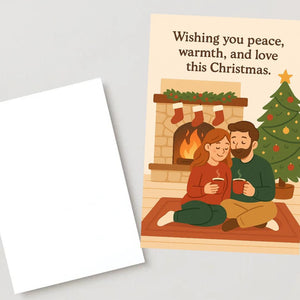 Cozy Christmas Couple Card – Wishing You Peace, Warmth & Love | Romantic Holiday Fireplace Scene | Warm Family Christmas Card