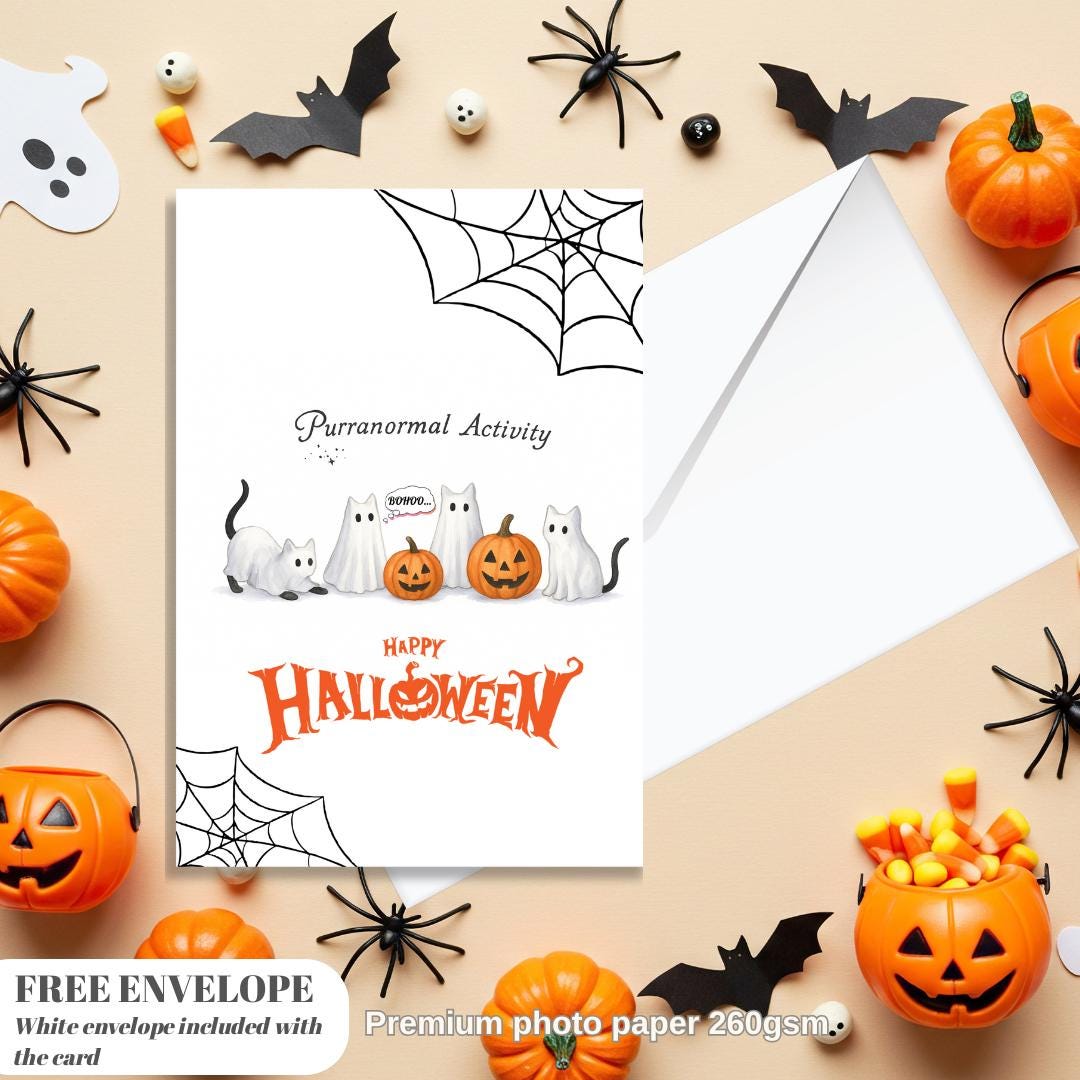 Ghost Cats Halloween Greeting Card | Funny Cat Halloween Card | Spooky Watercolor Cat Card | Cute Purranormal Activity Card