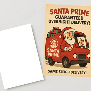 Funny Santa Prime Christmas Card – A5 Holiday Greeting Card with Envelope, Retro Santa Delivery Card, Humorous Xmas Gift
