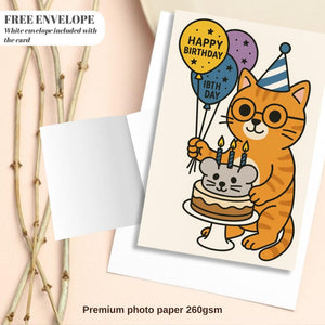Cat Birthday Card – Cute Funny Greeting Card for Cat Lovers, Happy Birthday Kitty, Mouse Cake Cat Card for Her or Him