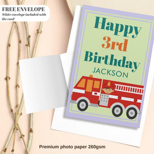 Modern Fire Truck Boy Birthday Card Personalized Boy’s 5 Year Celebration Card – Custom Name Birthday Greeting