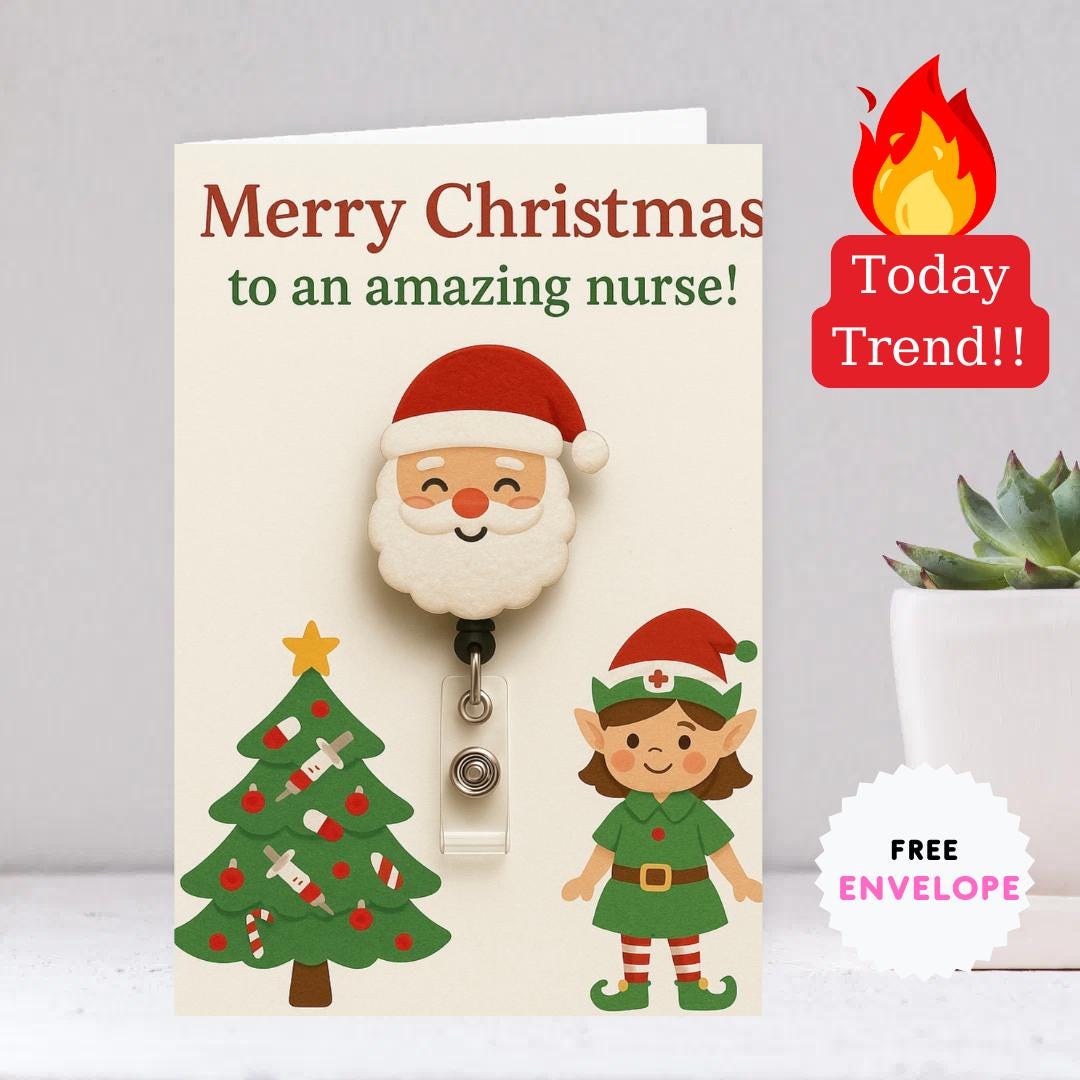 Christmas Greeting Card for Nurse – Santa, Nurse Elf & Medical Tree Design, A5 Funny Holiday Card, Merry Christmas to an Amazing Nurse