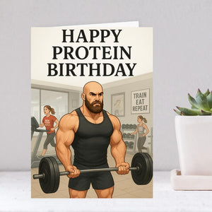 Happy Protein Birthday Gym Card – Funny Fitness Greeting Card for Him, Bodybuilder Birthday Card, Gym Lover Gift, Workout Motivation