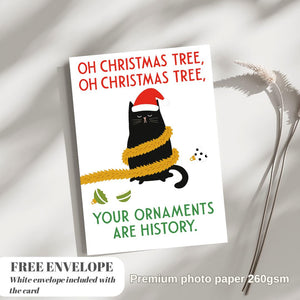 Funny Cat Christmas Card - Ornaments Christmas Cat - Funny Xmas Cards For Cat Lovers - Cat destroyed ornaments, cat mums Funny postcard