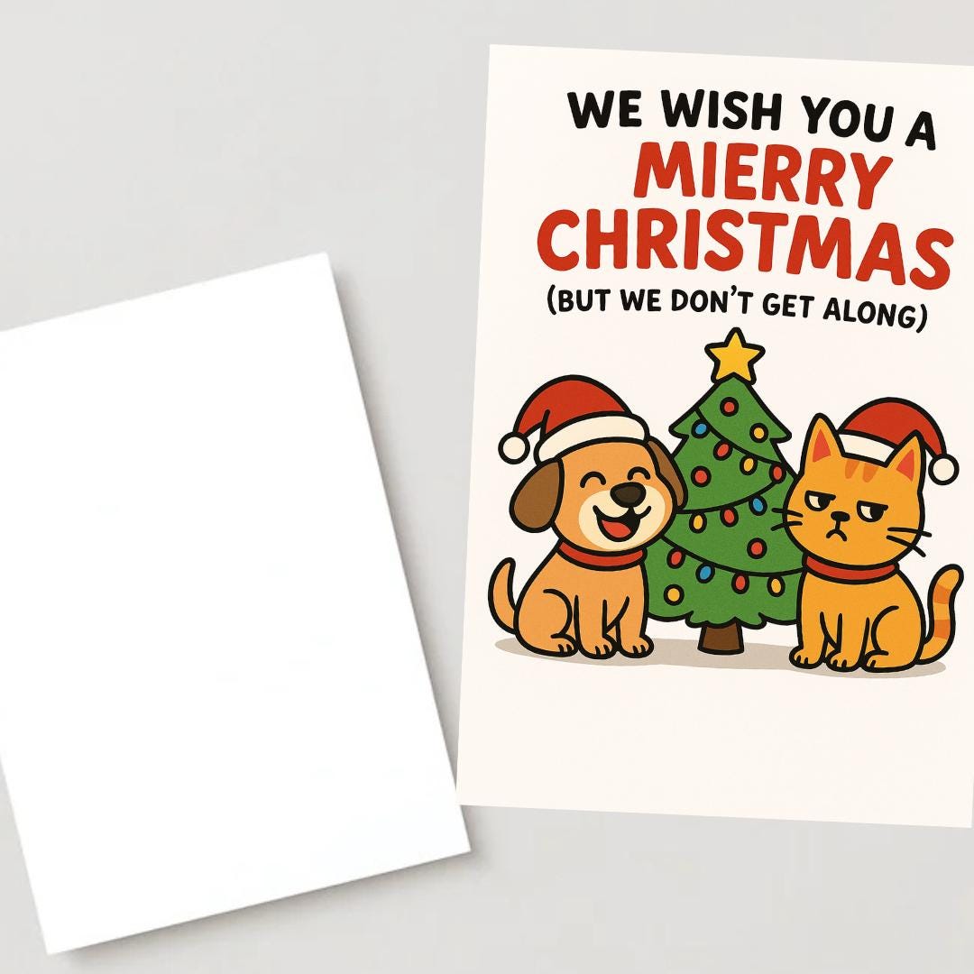 Funny Cat and Dog Christmas Card – “We Wish You a Merry Christmas (But We Don’t Get Along)” | Cute Pet Lover Holiday Card