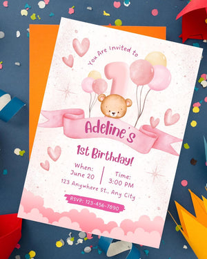 Beary Birthday Invitation, Bear Birthday Invite, Teddy  Birthday,  Birthday Girl, Beary Birthday Party Invite Pink 10/20/30 invitations card