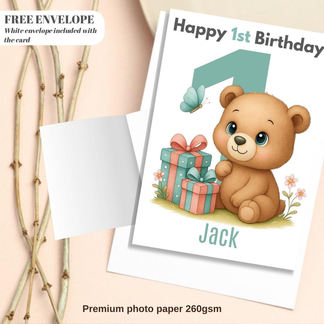 Teddy Bear 1st Birthday Card | Personalised Baby Boy Greeting Card | Custom Number Card for your nephew from grandpa, uncle or loved one