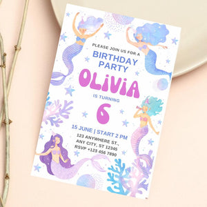 Siren Birthday Invitation, Invite card  Birthday,  Birthday Girl, Siren Birthday Party Invite pack of 10/20/30 invitations card