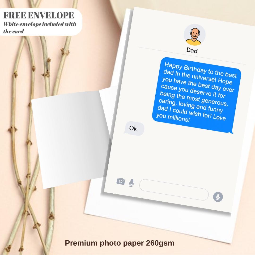 Dad birthday card Funny Dad Birthday Card – Sarcastic Dad Birthday Card A5 – Chat Message Card for Dad with Love Message & “OK” Reply