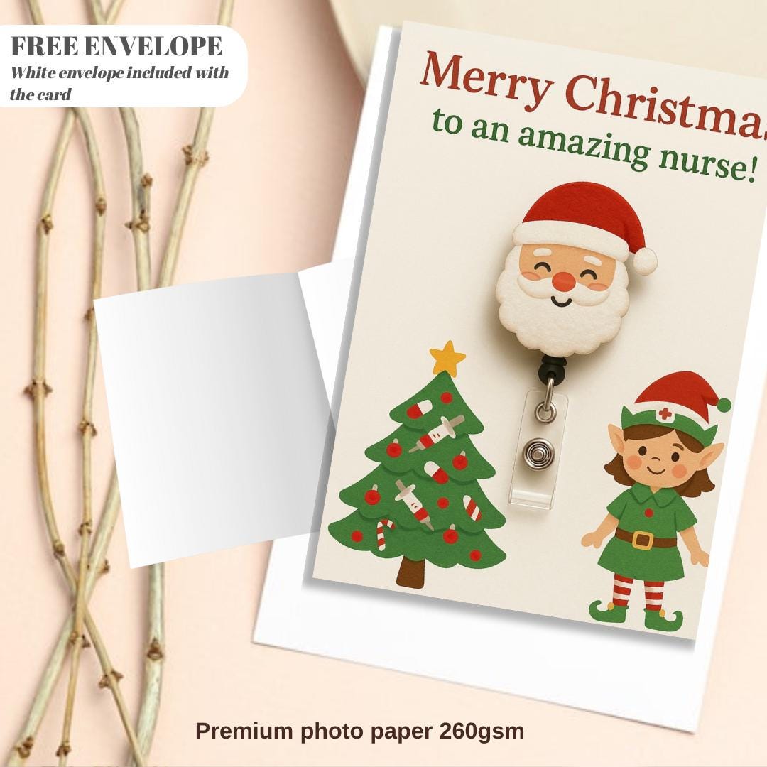 Christmas Greeting Card for Nurse – Santa, Nurse Elf & Medical Tree Design, A5 Funny Holiday Card, Merry Christmas to an Amazing Nurse