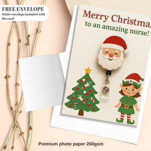 Christmas Greeting Card for Nurse – Santa, Nurse Elf & Medical Tree Design, A5 Funny Holiday Card, Merry Christmas to an Amazing Nurse
