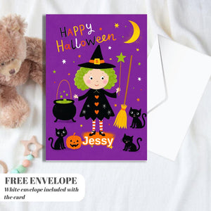 Personalised Halloween Card - Little Witch - Cheeky Gift For Cat Lovers - For Sister Brother Friends