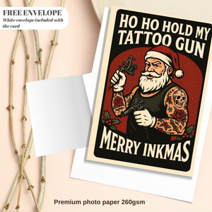 Tattoo Artist Christmas Card – “Ink All The Way” Santa Tattoo Machine Art | Funny Tattoo Shop Holiday Card | Gift for Tattooer