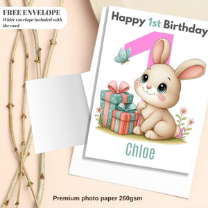 Rabbit 1st Birthday Card | Personalised Baby Girl Greeting Card | Custom Number Card for your niece from grandma, aunt or loved one