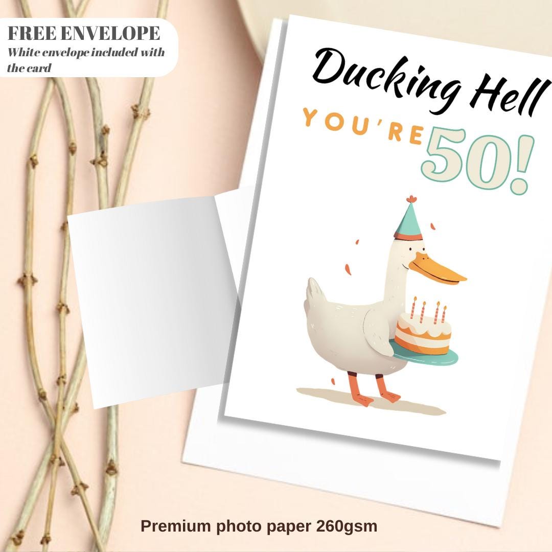 Funny 50th Birthday Card – Ducking Hell You’re 50! | Humorous Offensive Milestone Greeting Card | Duck Animal Theme Joke Card for Him or Her