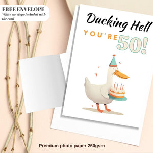 Funny 50th Birthday Card – Ducking Hell You’re 50! | Humorous Offensive Milestone Greeting Card | Duck Animal Theme Joke Card for Him or Her