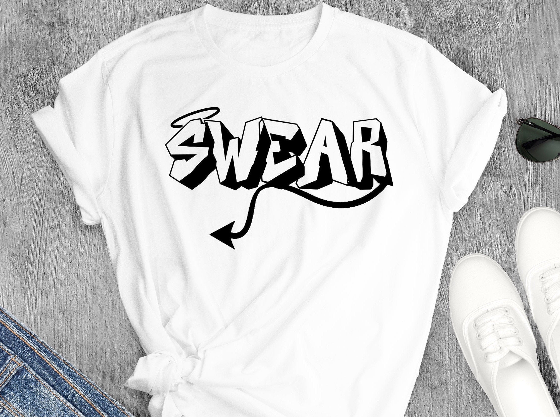 T-shirt, Aesthetic Crewneck, Popular Funny Vinyl print Swear,Evil and Angel signs  Men Shirt, Cotton Fitted STATEMENT Tee, nice, cool tees