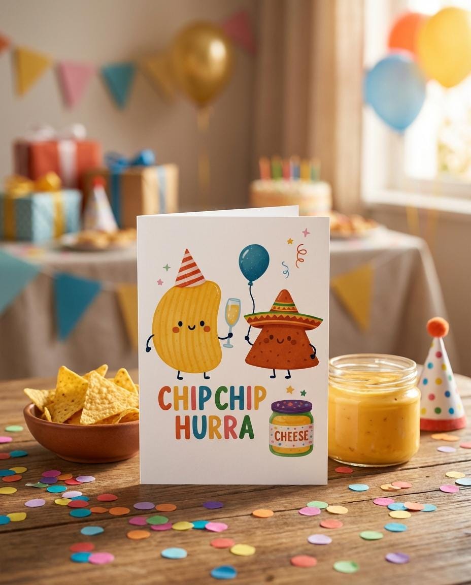 Funny Birthday Card • Chip Chip Hurra • Cute Chips Greeting Card • Pun Birthday Card • Humorous Birthday Gift • Cheese Dip Party Card