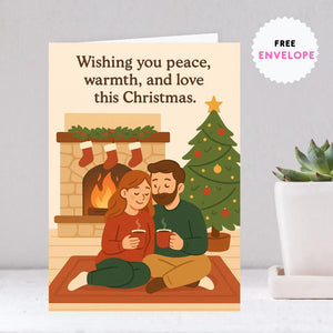 Cozy Christmas Couple Card – Wishing You Peace, Warmth & Love | Romantic Holiday Fireplace Scene | Warm Family Christmas Card