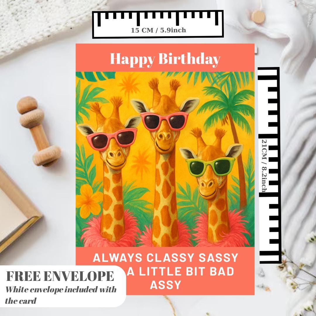 Premium Square Birthday Card with Envelope Greeting Happy Birthday For Her Female Mum Daughter Grandma Colleague Friend Giraffe