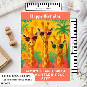 Premium Square Birthday Card with Envelope Greeting Happy Birthday For Her Female Mum Daughter Grandma Colleague Friend Giraffe