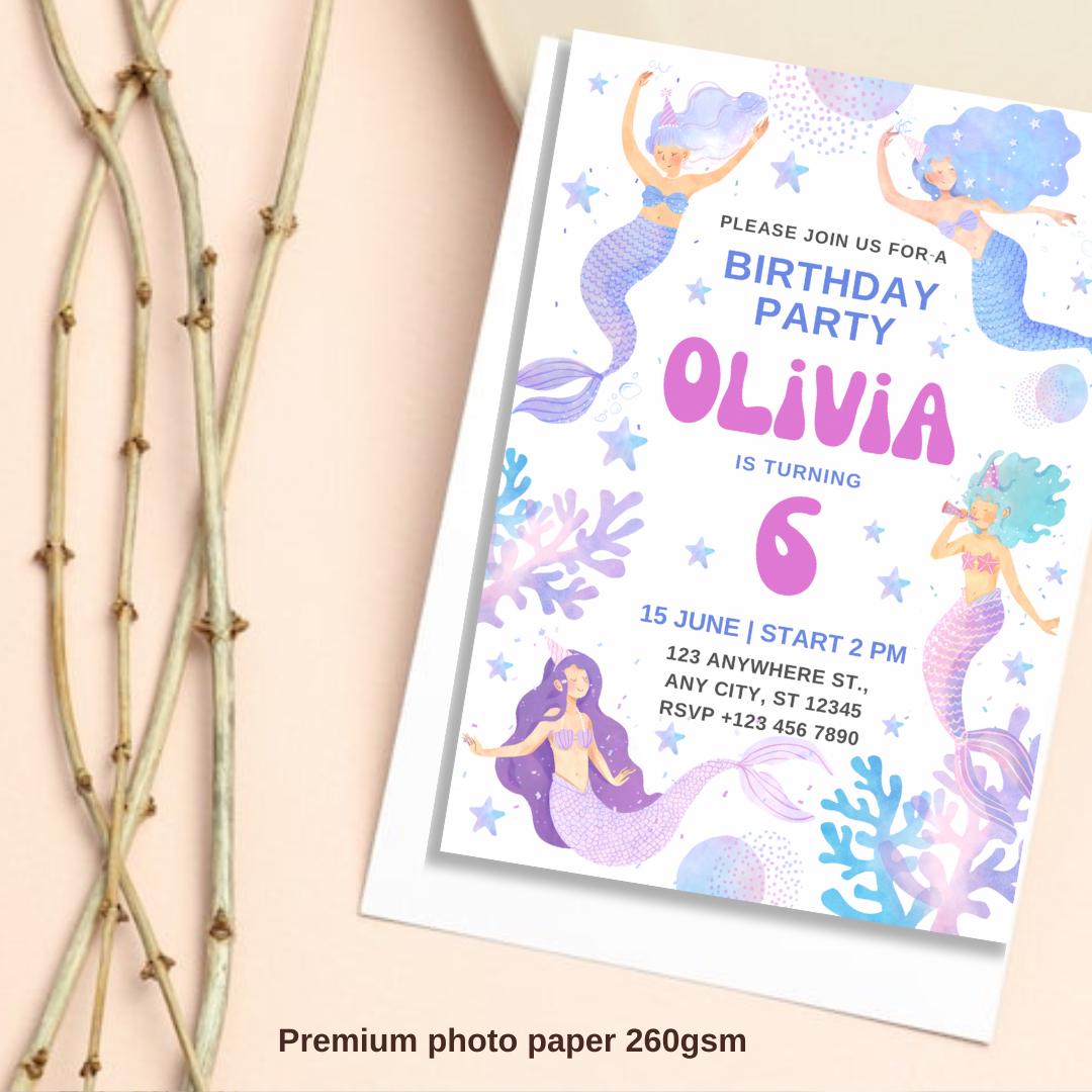 Siren Birthday Invitation, Invite card  Birthday,  Birthday Girl, Siren Birthday Party Invite pack of 10/20/30 invitations card