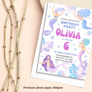 Siren Birthday Invitation, Invite card  Birthday,  Birthday Girl, Siren Birthday Party Invite pack of 10/20/30 invitations card