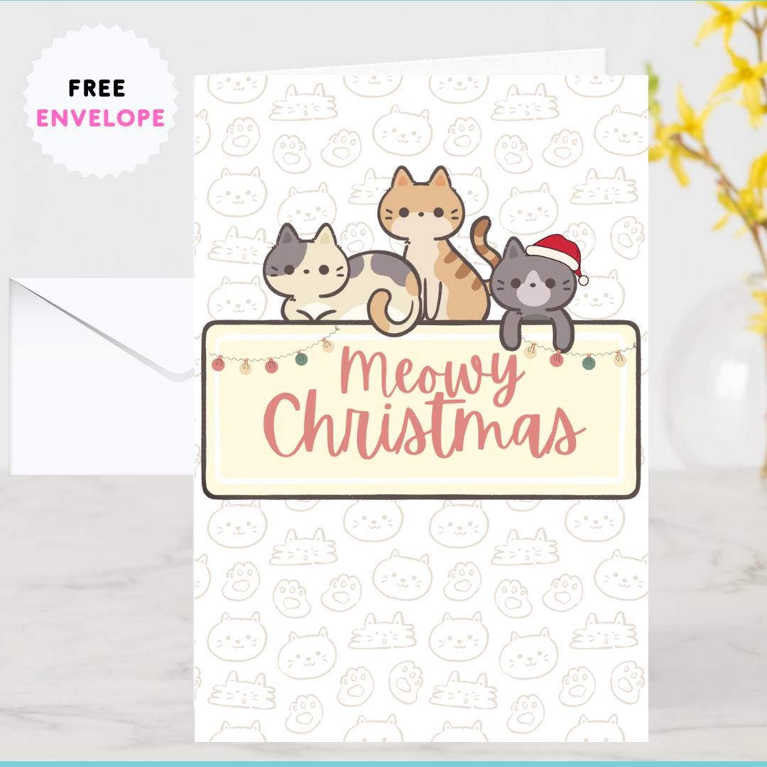 Funny Cat Meowy Christmas Card Cat - Funny Xmas Cards For Cat Lovers - Cat Meowy wishes, cat mums Funny Cat lovers Christmas card