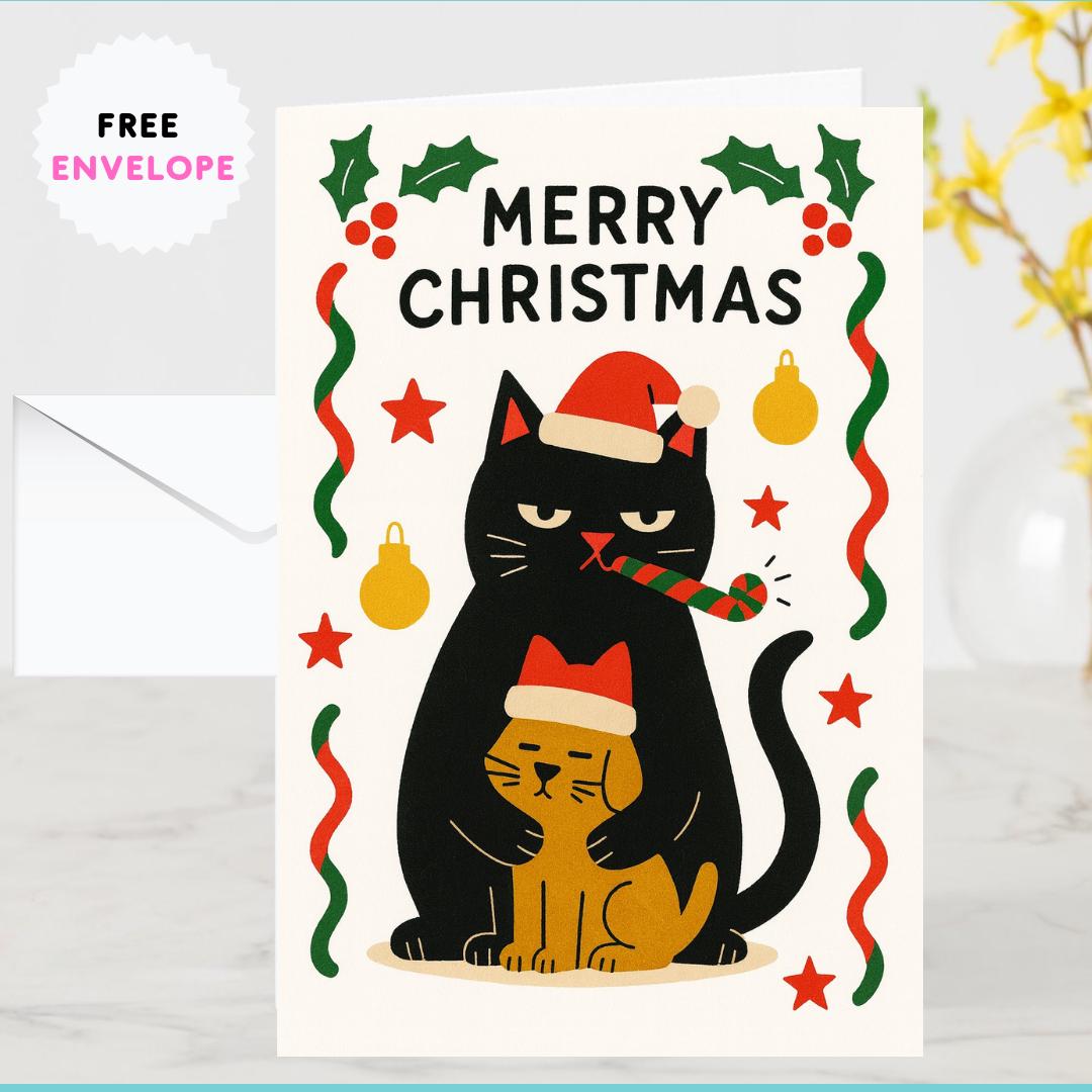 Funny Cat dog Christmas Card - dog Christmas Cat - Funny Xmas Cards For Cat Lovers - Cat cuddle dog ornaments, cat mums Funny postcard