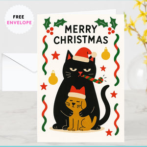Funny Cat dog Christmas Card - dog Christmas Cat - Funny Xmas Cards For Cat Lovers - Cat cuddle dog ornaments, cat mums Funny postcard