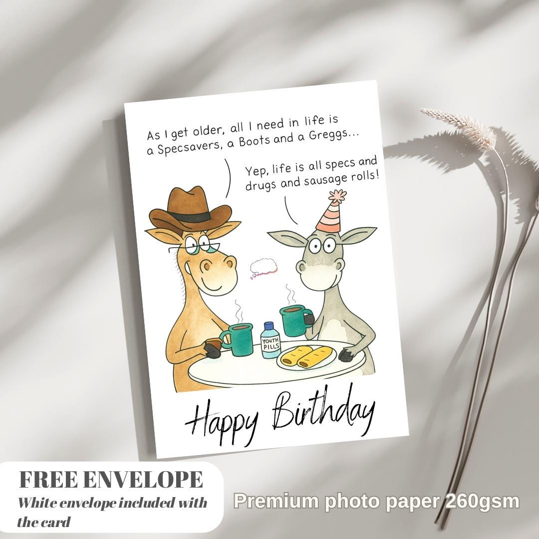 Paperlink Funny Artistic 'Happy Birthday' Greetings Card - From The Funny Farm Range - For Him/For Her - 'Specs, Drugs and Sausage Rolls!'